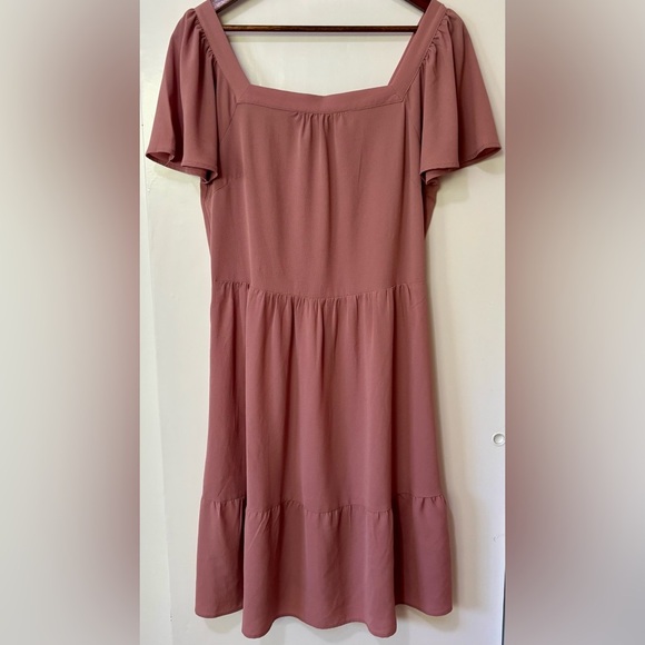 Monteau| Dusty Rose Pink Short Sleeve Square Neck Swing Midi Dress Sz L - Picture 1 of 4